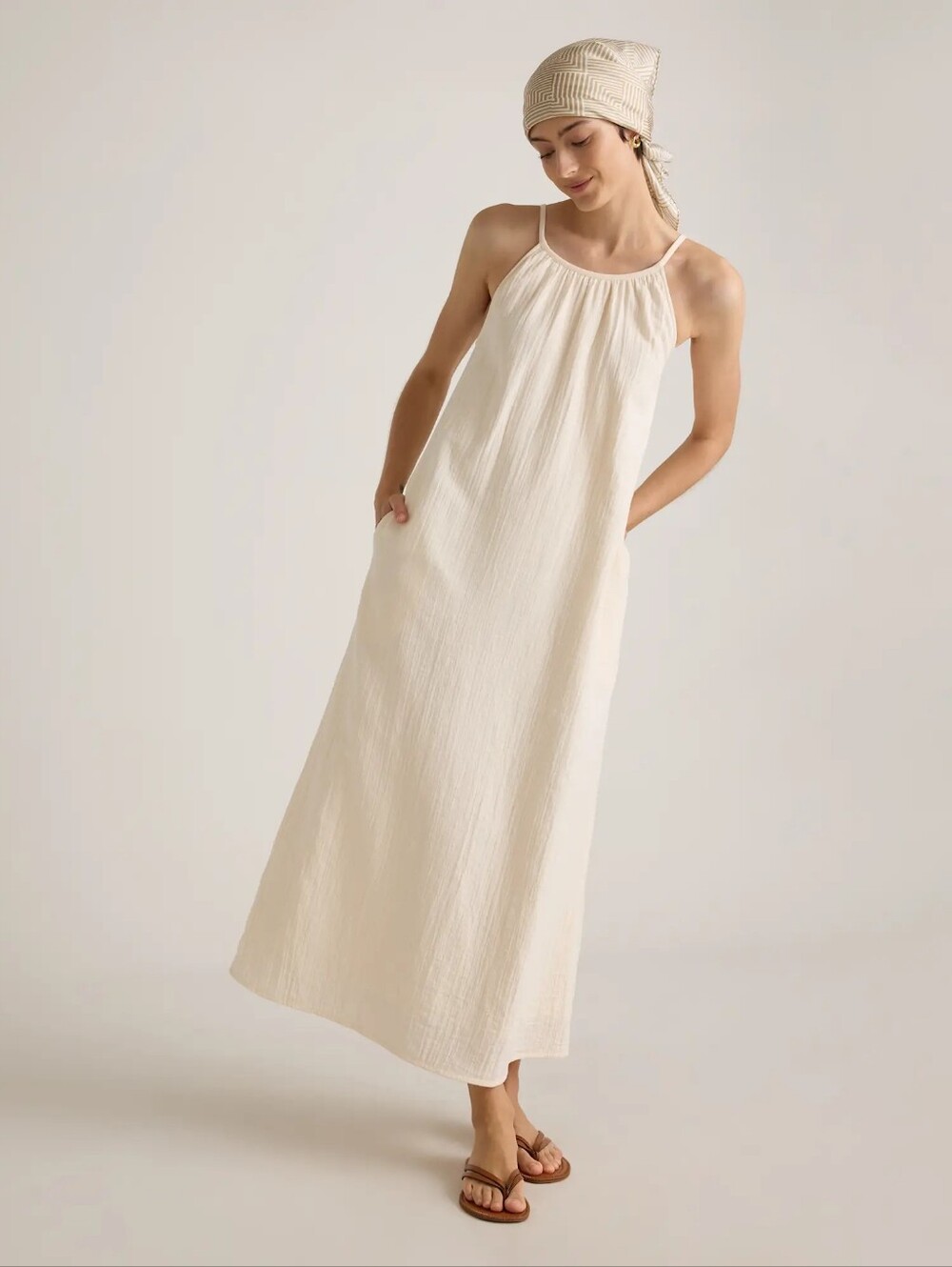Quince 100% Gauze Dress Vintage Cream Maxi dress with Pockets Lined New Size Med